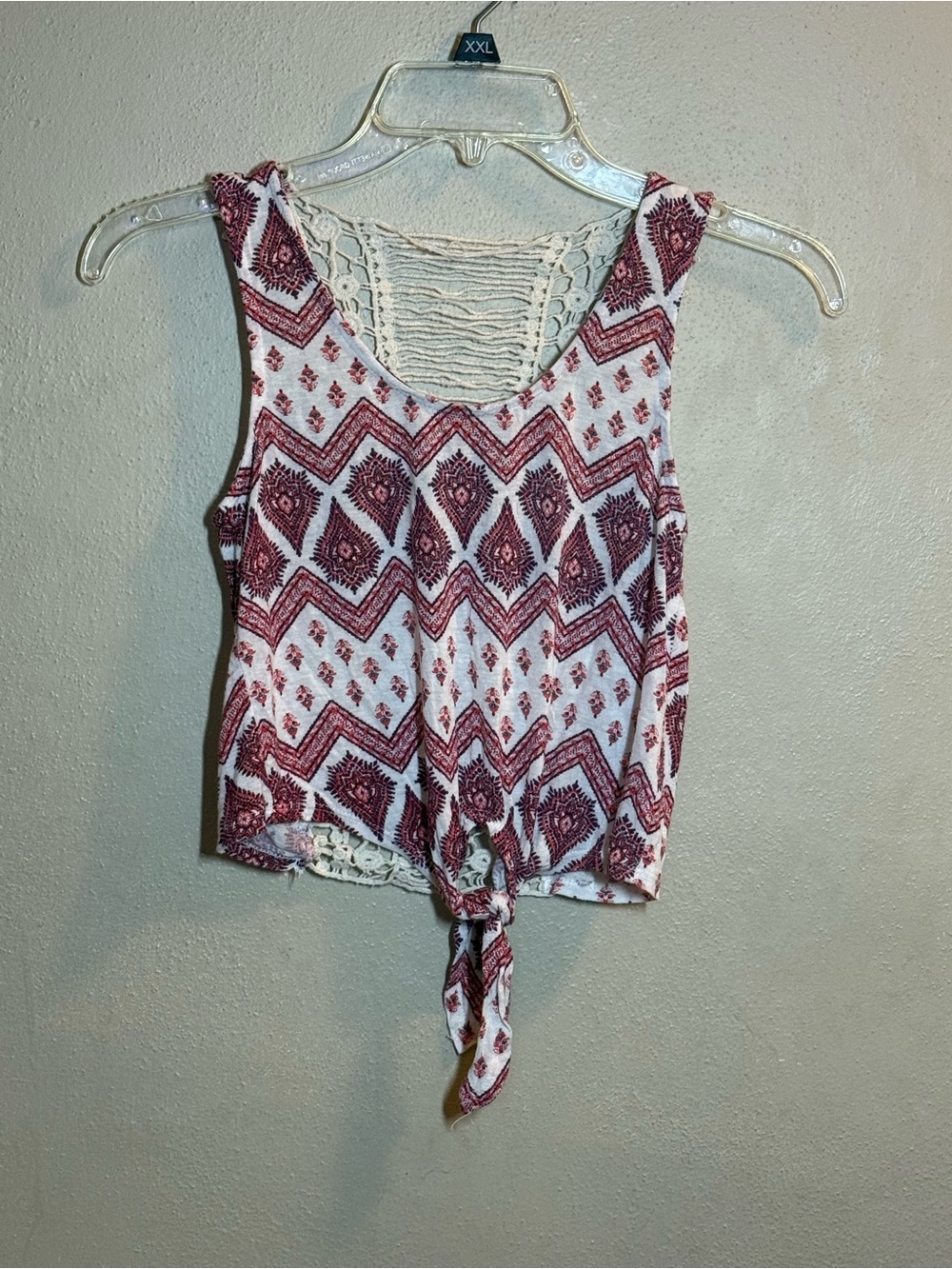 Charlotte Russe Boho Tie-Front Crochet Back Tank Top - White & Burgundy Sz Sm